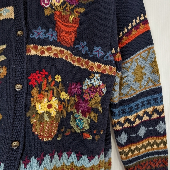 VINTAGE crewel knit colorful flowers granny cardigan sweater - Picture 6 of 8